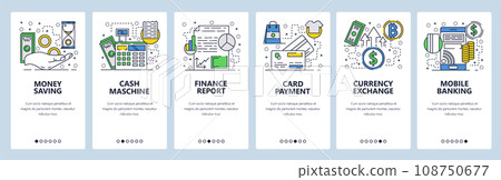 Vector web site linear art onboarding screens template. Mobile banking, credit card payment and curency exchange. Menu banners for website and mobile app development. Modern design flat illustration. 108750677