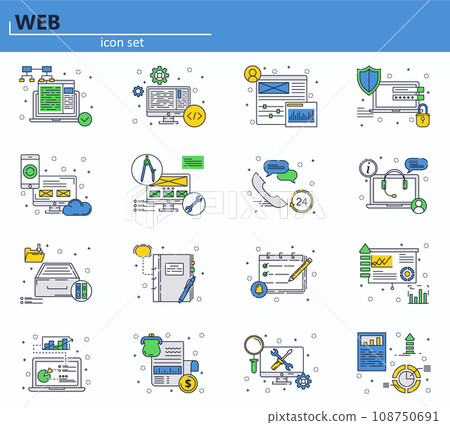 Vector set of web development and office icons in thin line style. Website UI and mobile web app icon. Outline design illustration. 108750691