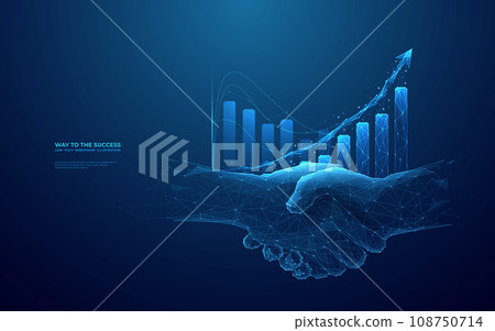 Chart graph with up arrow and businessmen handshake on blue background Chart graph with up arrow and businessmen handshake on blue background 108750714