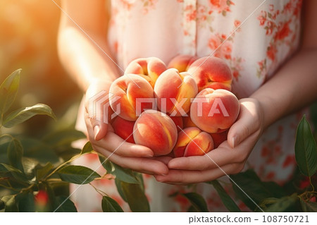 Ripe peaches in woman hands on the green garden background Ripe peaches in woman hands on the green garden background 108750721