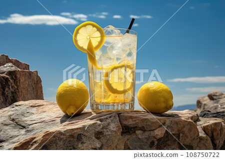 Glass of lemonade on the top of rocks in sunset Glass of lemonade on the top of rocks in sunset 108750722
