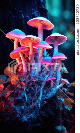Fungus mycelium in neon colors. Fantasy Mushrooms on black background 108750729