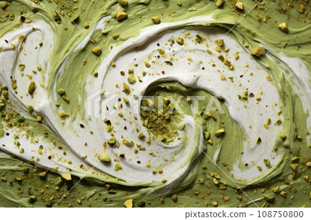 macro texture swirl of green pistachio ice cream with nuts. 108750800