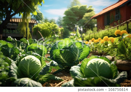 Cabbages grow in the vegetable garden in sunny day. 108750814