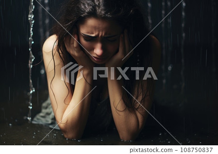 Depressed woman crying with head up on hands on dark background Depressed woman crying with head up on hands on dark background 108750837