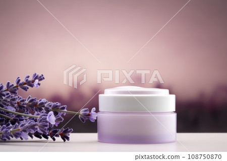Cosmetic cream blank jar mock up with lavender flowers on light pastel background. Cosmetic cream blank jar mock up with lavender flowers on light pastel background. 108750870