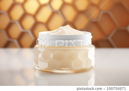 Cosmetic cream jar mock up with honey against the background of honeycombs Cosmetic cream jar mock up with honey against the background of honeycombs 108750871