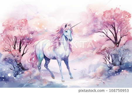 Magical winter forest with Unicorn 108750953