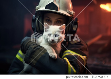A heroic firefighter saved a cat from fire. Fire on background. A heroic firefighter saved a cat from fire. Fire on background. 108750993