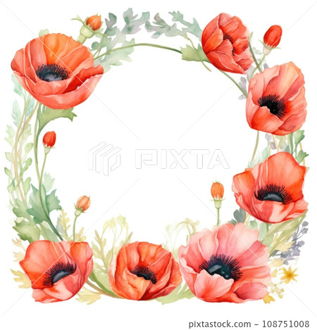 frame of watercolor poppy flowers and leaves on white background. 108751008