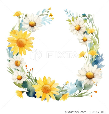 Circle frame of watercolor daisy flowers and leaves on white background. Circle frame of watercolor daisy flowers and leaves on white background. 108751010