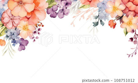 Border of watercolor field flowers and leaves on white background. Border of watercolor field flowers and leaves on white background. 108751012
