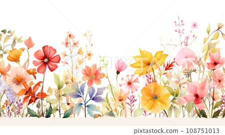 Border of watercolor field flowers and leaves on white background. Border of watercolor field flowers and leaves on white background. 108751013