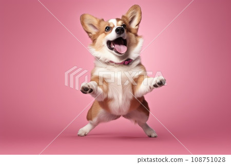 very happy dog corgi on pink pastel background very happy dog corgi on pink pastel background 108751028