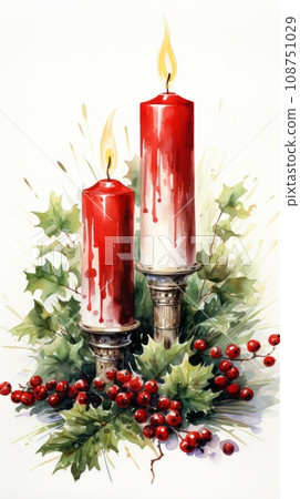 Candles surrounded by holly leaves 108751029