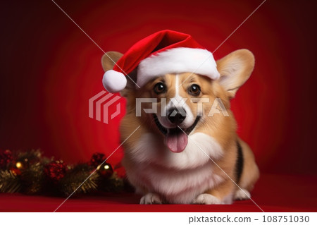 Christmas corgi dog wearing santa hat on red background. 108751030