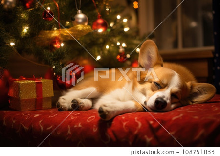 Cute corgi puppy dog sleeping under the christmas tree. bokeh background Cute corgi puppy dog sleeping under the christmas tree. bokeh background 108751033