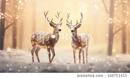 Couple of Shiny Reindeer on Defocused Glittering Background. Deer and winter landscape with snow and snowflakes. Couple of Shiny Reindeer on Defocused Glittering Background. Deer and winter landscape with snow and snowflakes. 108751415