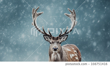 Funny deer with big antlers standing in snowfall. 108751416