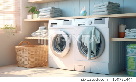 Laundry room with washing machine and basket of towels. Laundry room with washing machine and basket of towels. 108751444