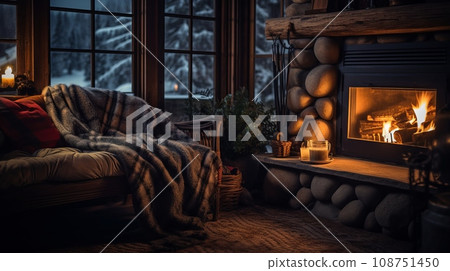 Cozy winter cottage with crackling fireplace, plush blankets in the sifa,background of the window Cozy winter cottage with crackling fireplace, plush blankets in the sifa,background of the window 108751450