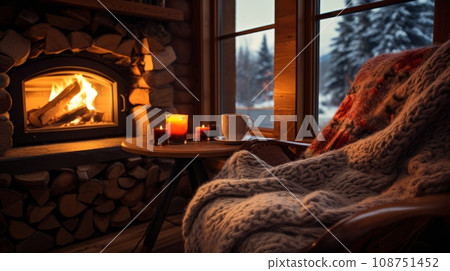 A cozy winter cabin with a crackling fireplace, plush blankets, and a warm cup of cocoa A cozy winter cabin with a crackling fireplace, plush blankets, and a warm cup of cocoa 108751452
