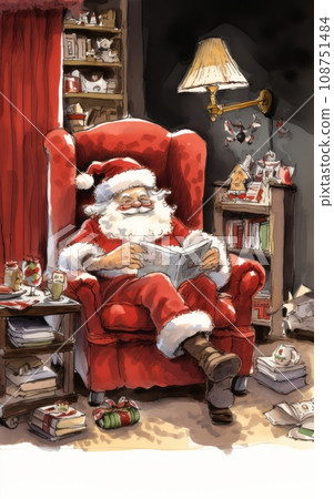 A whimsical and humorous image depicting Santa Claus sitting in armchair and reading a book 108751484