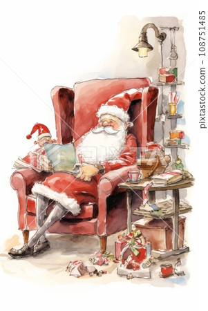 A whimsical and humorous image depicting Santa in his cozy home. A whimsical and humorous image depicting Santa in his cozy home. 108751485