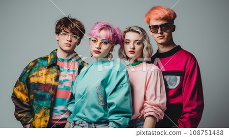 young people dressed in 90's style, grey background 108751488