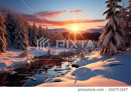 winter landscape with trees and sun 108751807