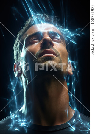 Man Enveloped in Dynamic Swirls of Blue Sparks in a Dark Setting. AI generation Man Enveloped in Dynamic Swirls of Blue Sparks in a Dark Setting. AI generation 108751925
