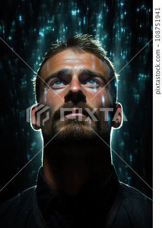 Man Enraptured by Glittering Lights Falling Like Rain in Darkness. AI generation Man Enraptured by Glittering Lights Falling Like Rain in Darkness. AI generation 108751941
