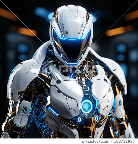 Futuristic White and Chrome Robot with Blue Energy Core and Illuminated Visor. AI generation 108751955