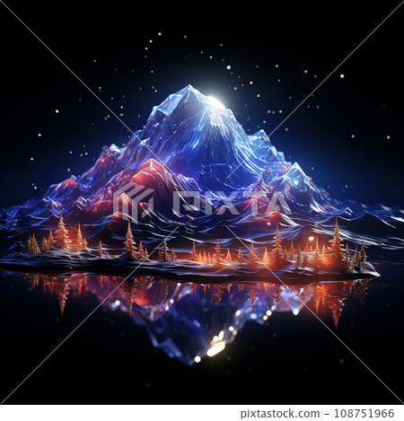 Enchanted Winter Night Reflecting Luminous Mountain Peaks and Pines. AI generation 108751966