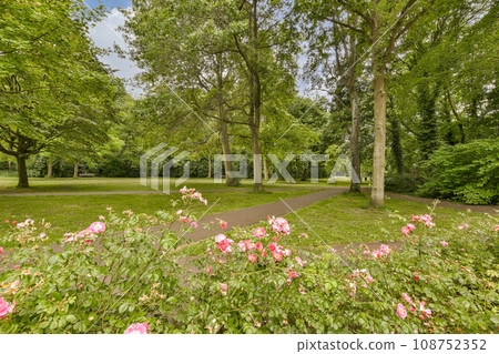 some pink flowers in the middle of a park with trees and green grass on either side, there is a paved path leading to 108752352