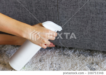 女人的手噴布地毯和沙發 女人的手噴布地毯和沙發 108753348