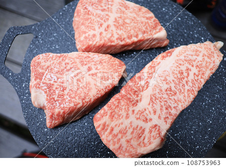 Marbled steak grilled on a multi-griddle Marbled steak grilled on a multi-griddle 108753963