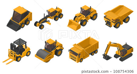 Set of 3D isometric heavy machinery used in the construction and mining industry,, front loader, dump truck, excavator, skid steer, mining truck, motor grader, soil compactor and lift truck 108754306