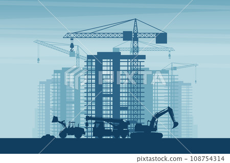 Background of heavy machinery such as front loader, truck crane, excavator, working on the construction of buildings in a city 108754314