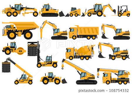 Set of heavy machinery, truck, soil compactor, backhoe, excavator, forklift, front loader, crane, motor grader, hammer, for construction and mining Set of heavy machinery, truck, soil compactor, backhoe, excavator, forklift, front loader, crane, motor grader, hammer, for construction and mining 108754332