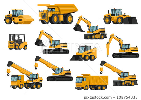 Set of heavy machinery 3d, truck, soil compactor, backhoe, excavator, forklift, front loader, crane, hammer, for construction and mining 108754335
