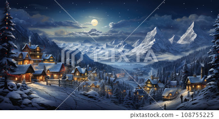 Ski resort in mountains at Christmas night, landscape of village, snow, sky and moon in winter. Theme of travel, stunning view, New Year holiday, forest, fairy tale scene Ski resort in mountains at Christmas night, landscape of village, snow, sky and moon in winter. Theme of travel, stunning view, New Year holiday, forest, fairy tale scene 108755225