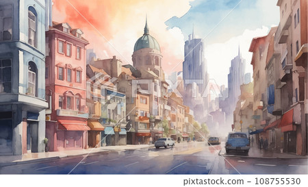 水彩生成 AI 繪製的城市景觀插圖 水彩生成 AI 繪製的城市景觀插圖 108755530