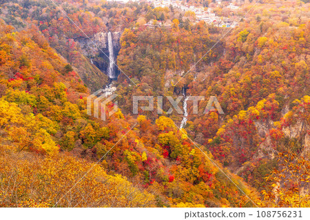 Kegon Falls from Akechidaira Observation Deck in autumn leaves Kegon Falls from Akechidaira Observation Deck in autumn leaves 108756231