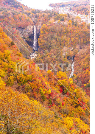 Kegon Falls from Akechidaira Observation Deck in autumn leaves 108756232