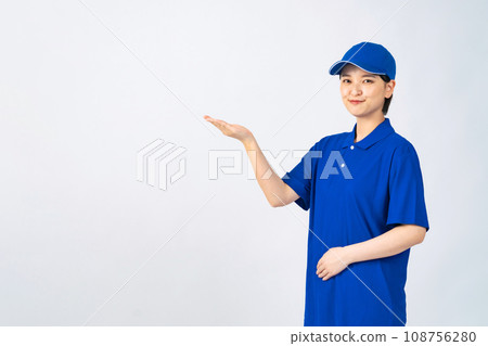 A woman wearing work clothes to guide you, delivery staff, delivery worker, worker A woman wearing work clothes to guide you, delivery staff, delivery worker, worker 108756280