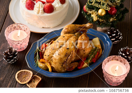 roast chicken and christmas cake roast chicken and christmas cake 108756736