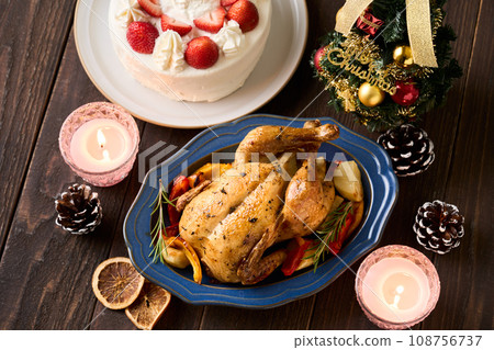 roast chicken and christmas cake roast chicken and christmas cake 108756737