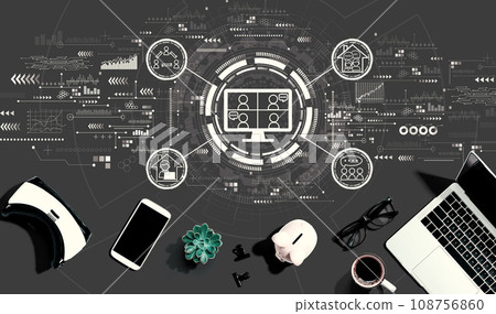 Online meeting theme with electronic gadgets and office supplies 108756860