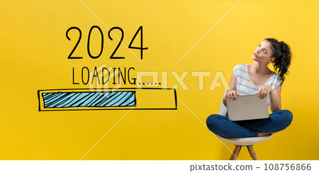 Loading new year 2024 with woman using a laptop Loading new year 2024 with woman using a laptop 108756866